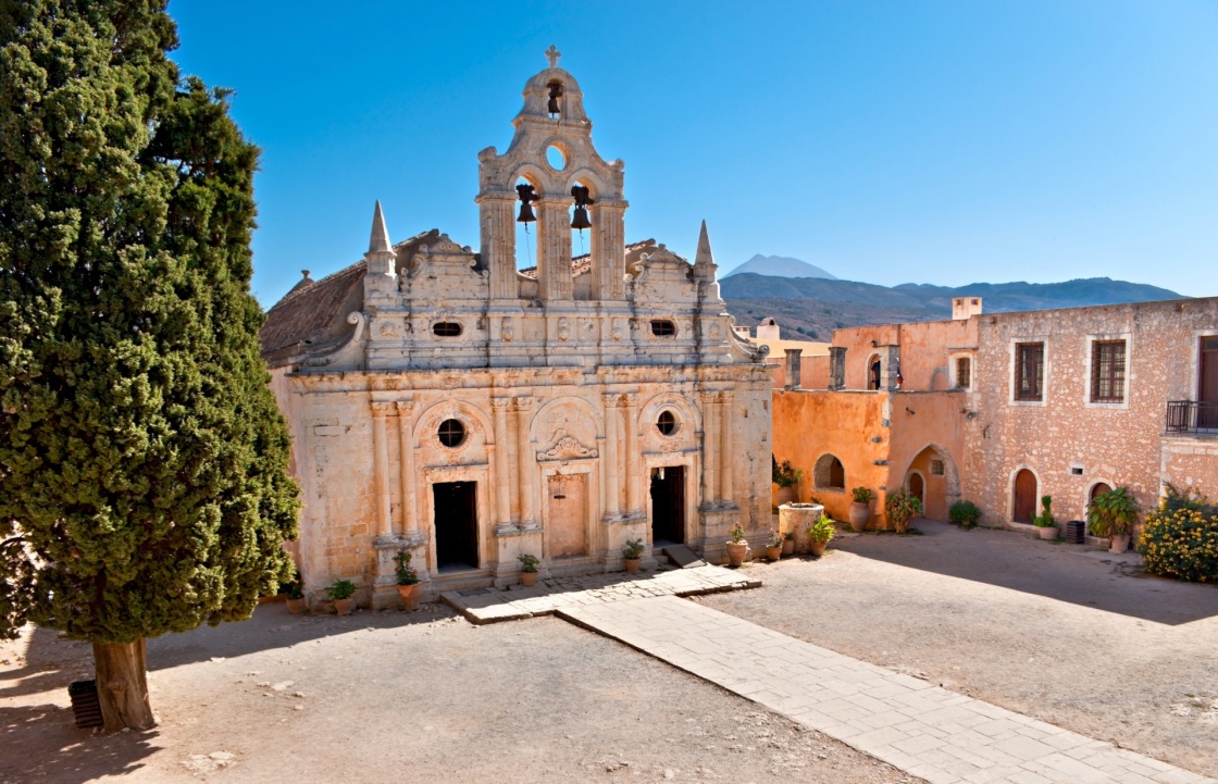 'The view on the Basilica of Arkadi Monastery from its surrounding gallery, Crete.' - Kreta