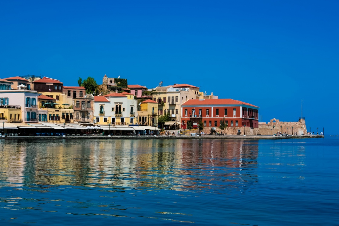 Beautiful cityscape and bay in city of Chania on island of Crete, Greece